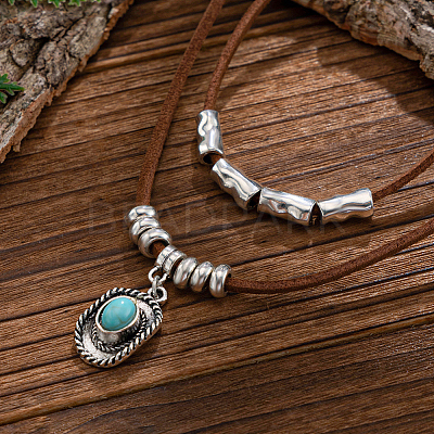 1 Set Alloy Pave Synthetic Turquoise Pendant Double Layer Cord Necklaces NJEW-CL0001-09A-1