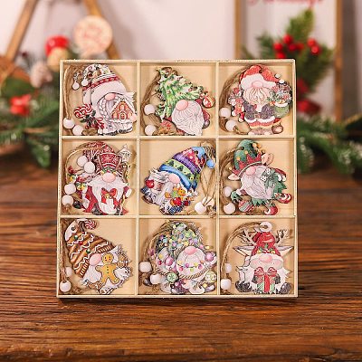 Christmas Theme Printed Wood Gnome Pendant Decorations XMAS-PW0005-15A-1