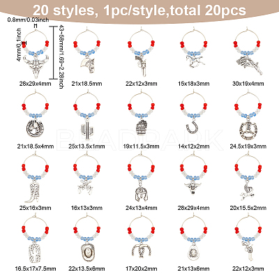 20Pcs 20 Style Cowboy Theme Alloy Wine Glass Charms with Glass Beads AJEW-BC0003-77-1