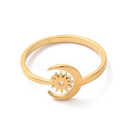 Ion Plating(IP) 304 Stainless Steel Moon & Sun Open Cuff Ring for Women RJEW-K245-33G-1
