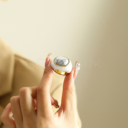 Oval 304 Stainless Steel with Natural Howlite Finger Rings FS-WGC5475-11-1