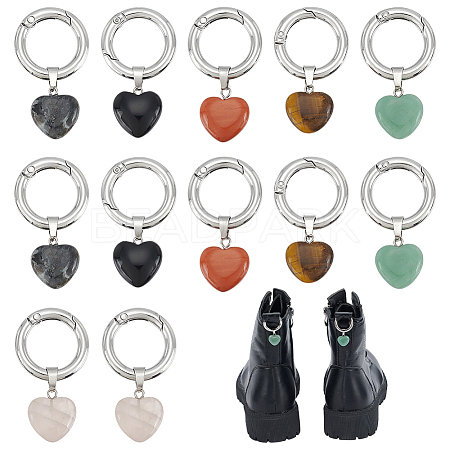 12Pcs 6 Colors Heart Natural Tiger Eye & Rose Quartz & Green Aventurine & Larvikite & Red Jasper & Obsidian Shoes Charms HJEW-PH02141-1