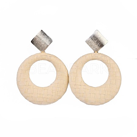 Flat Round Raffia Woven Dangle Stud Earrings EJEW-JE03101-01-1