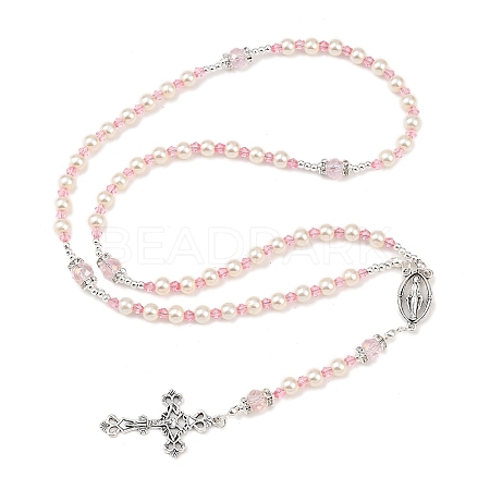 Glass Pearl Rosary Bead Necklace NJEW-TA00082-01-1