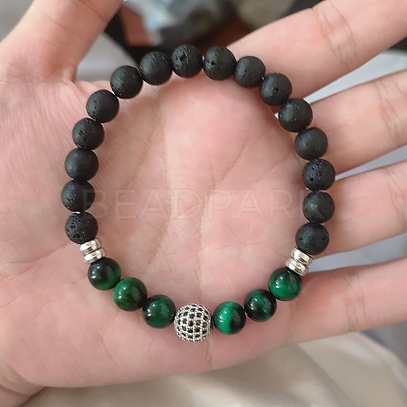 Natural Rhyolite Jasper & Lava Rock & Cubic Zirconia Round Beads Stretch Bracelets for Men Women Round Beads Stretch Bracelets for Men Women FF8165-6-1
