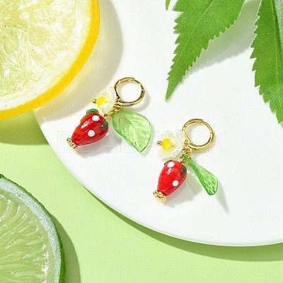 Lampwork Strawberry with Plastic Pearl Flower Dangle Leverback Earring X-EJEW-TA00130-1