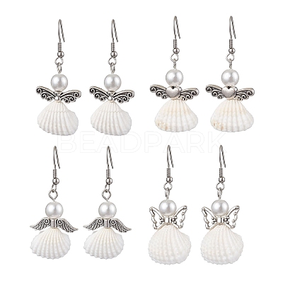 Angel Spiral Shell & Glass Pearl Dangle Earrings EJEW-JE05838-1