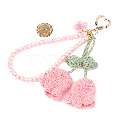 Handmade Cotton Yarn Crochet Lily of the Valley & Glass Pearl Round Bead Pendant Decorations HJEW-JM04389-04-1