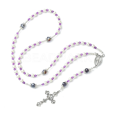 Glass Pearl Rosary Bead Necklace NJEW-TA00082-03-1