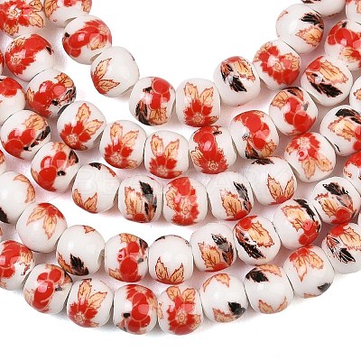 Handmade Flower Printed Porcelain Ceramic Beads Strands PORC-M005-6mm-06-1