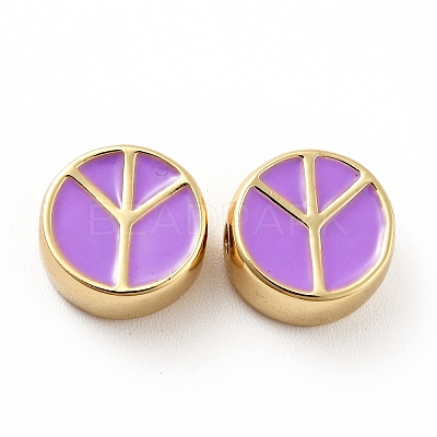Flat Round with Peace Sign Brass Enamel Beads KK-G419-05G-07-1