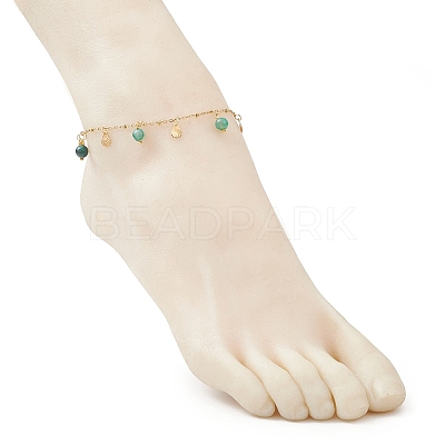 Dyed Natural Banded Agate Round & 304 Stainless Steel Shell Shape Tassel Anklets for Women AJEW-AN00702-01-1