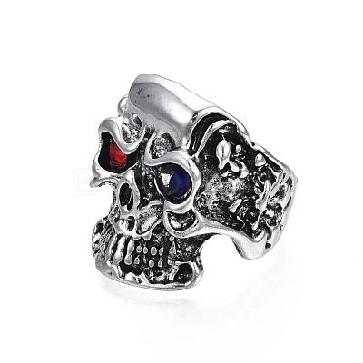 Gothic Punk Skull Alloy Open Cuff Ring with Rhinestone for Men Women RJEW-T009-52AS-1