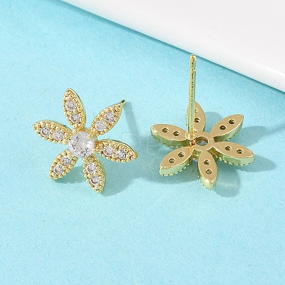 Flower Brass Micro Pave Clear Cubic Zirconia Stud Earrings EJEW-F400-01B-G-1