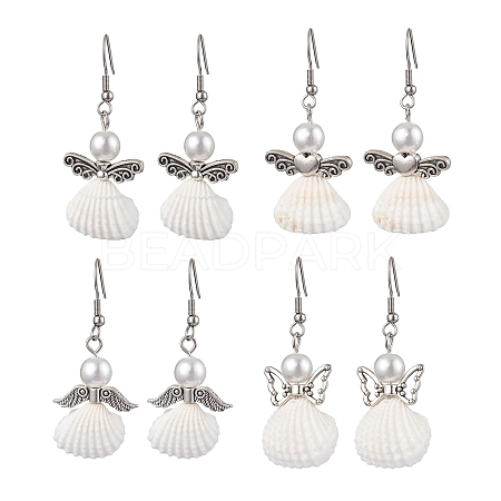 Angel Spiral Shell & Glass Pearl Dangle Earrings EJEW-JE05838-1