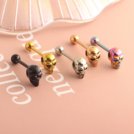 Skull 304 Stainless Steel Straight Barbell 15 Gauge Piercing Tongue Rings for Women Men FS-WG07D05-01-1