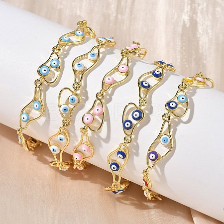 Brass Enamel Flat Round Evil Eye Link Chain Bracelets for Women BJEW-G764-01G-1
