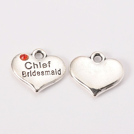 Wedding Theme Antique Silver Tone Tibetan Style Alloy Heart with Chief Bridesmaid Rhinestone Charms X-TIBEP-N005-21A-1