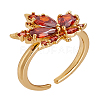 1Pc Brown Glass Maple Leaf Open Cuff Ring with Cubic Zirconia RJEW-LP0001-14-1