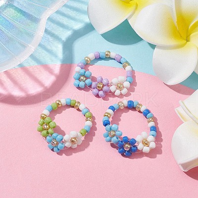3Pcs 3 Color Glass Seed Beaded Stretch Rings Sets. Flower Stackable Rings RJEW-JR00617-1
