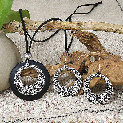 Ethnic Style Alloy & Wood Pendant Necklaces & Dangle Earrings Sets WGEBD92-03-1