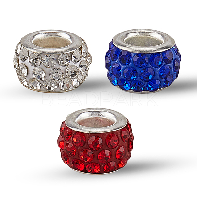 120Pcs 3 Colors Polymer Clay Rhinestone European Large Hole Beads with Silver Color Plated Brass Cores FPDL-LT0001-01A-1