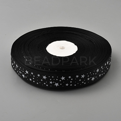 100 Yards Polyester Star Print Grosgrain Ribbon OCOR-WH0085-62-1