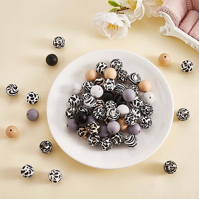 100Pcs 15mm Silicone Beads Cow Print Zebra Print Leopard Print Animal Print Silicone Beads Bulk for Keychain Bracelet Necklace DIY Crafting Making JX311A-1