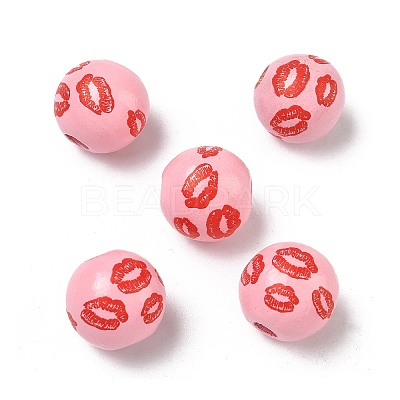 Valentine's Day Spray Painted & Printed Wood European Beads WOOD-L023-03M-1