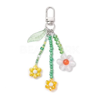 Cat Eye & Glass Seed Beaded Flower Pendant Decorations HJEW-TA00383-02-1