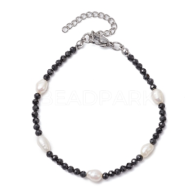 Natural Black Spinel &  Cultured Freshwater Pearl  Beads Beaded Bracelets for Woman BJEW-JB11268-1