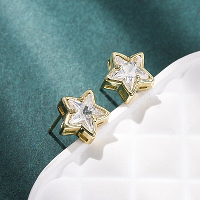 Brass Micro Pave Clear Cubic Zirconia Stud Earrings EJEW-C174-02C-G-1