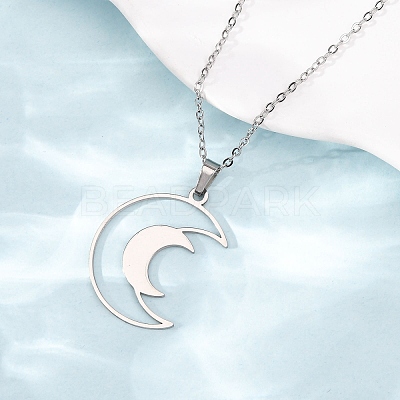 304 Stainless Steel Double Hollow Moon Pendant Cable Chain Necklaces for Men Women NJEW-K308-01E-P-1