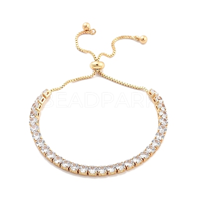 Brass Pave Clear Cubic Zirconia Flat Round Box Chain Slider Bracelets BJEW-B094-12B-G-1