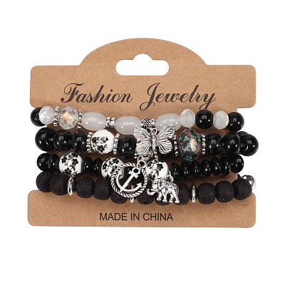 4Pcs Bohemian Style Alloy & Glass & Acrylic Charm Bracelets Set WG8E884-02-1