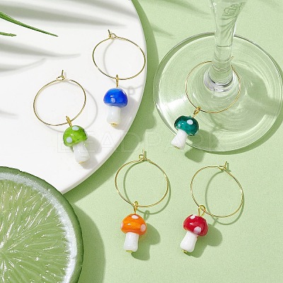 Handmade Lampwork Mushroom Wine Glass Charm AJEW-JO00216-1