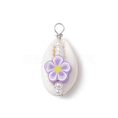Natural Cowrie Shell & Handmade Polymer Clay Copper Wire Wrapped Pendants PALLOY-JF03818-01-1