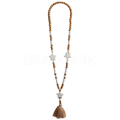Bohemian White Resin Imitation Turquoise & Wood Beaded Mala Necklaces with Jute Cord Tassel FS-WG73E7D-01-1