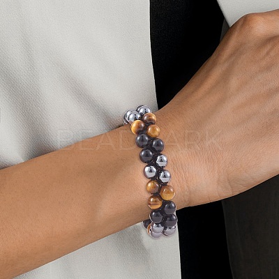 Natural Obsidian & Tiger Eye & Synthetic Hematite Braided Bead Bracelet BJEW-SW00001-22-1