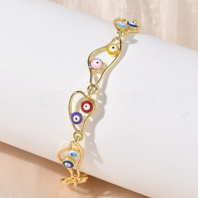 Brass Enamel Flat Round Evil Eye Link Chain Bracelets for Women BJEW-G764-01G-1