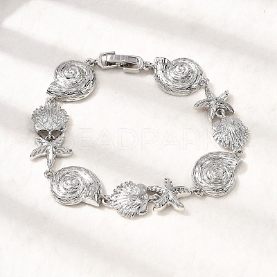 Summer Beach Brass Micro Pave Clear Cubic Zirconia Starfish & Shell Shape Link Chain Bracelets BJEW-C118-02A-P-1