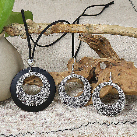 Ethnic Style Alloy & Wood Pendant Necklaces & Dangle Earrings Sets WGEBD92-03-1