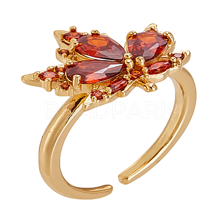 1Pc Brown Glass Maple Leaf Open Cuff Ring with Cubic Zirconia RJEW-LP0001-14-1