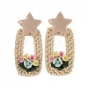 Handmade Reed Cane & Porcelain Dangle Earrings Studs EJEW-JE03077-01-1