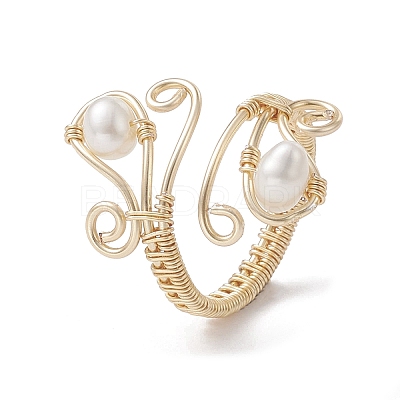 Copper Wire Wrapped Natural Cultured Freshwater Pearl Open Ring RJEW-JR00629-1