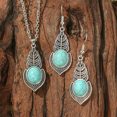 Bohemian Style Alloy & Synthetic Turquoise Pendant Necklaces & Dangle Earrings Sets WG2E1B4-10-1
