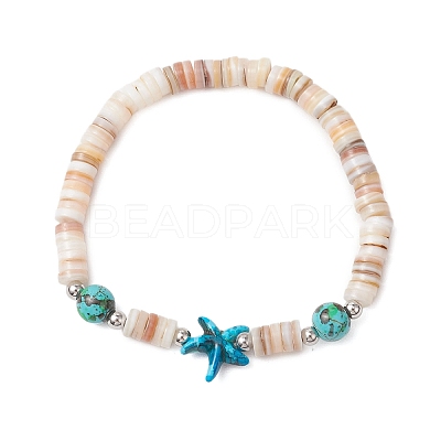Sea Turtles and Starfish Natural Freshwater Shell Beads Bracelets BJEW-55.0-01-1