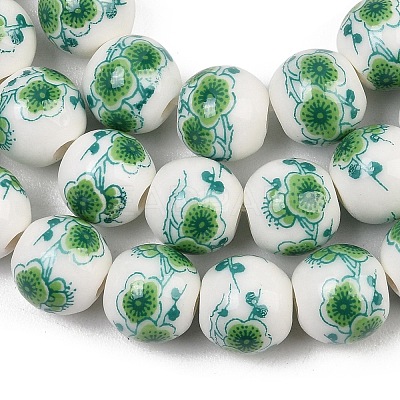 Handmade Flower Printed Porcelain Ceramic Beads Strands PORC-M007-10mm-16-1