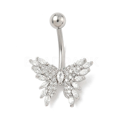 Brass Pave Clear Cubic Zirconia Curved Barbell Butterfly Belly Rings AJEW-L099-01A-P-1