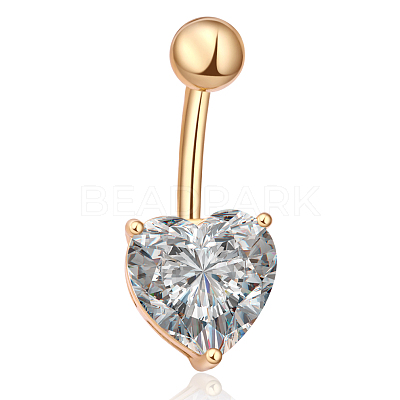Real 18K Gold Plated Body Jewelry Heart Cubic Zirconia Brass Navel Ring Navel Ring Belly Rings AJEW-EE0001-01A-1